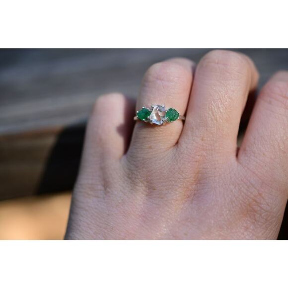 Natural Emerald and Herkimer Diamond Ring, Raw Stone Ring, Unique Engagement - Picture 1 of 10